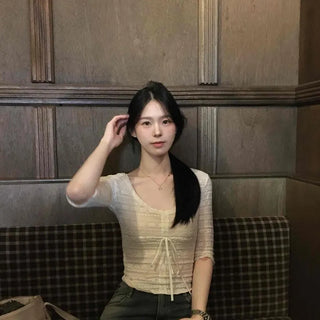 Lace See-through Ribbon Slim Fit 3/4 Sleeve T-shirt