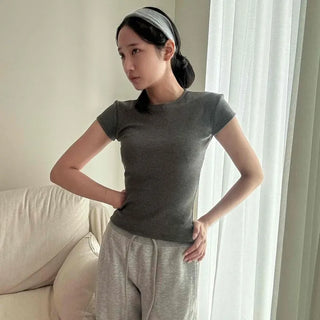 Ribbed Stretchy Slim Fit Crop Cinched Waist Inner Round Neck Short Sleeve T-shirt