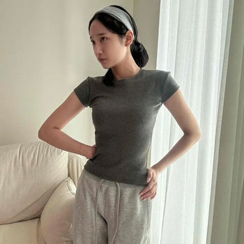 Ribbed Stretchy Slim Fit Crop Cinched Waist Inner Round Neck Short Sleeve T-shirt