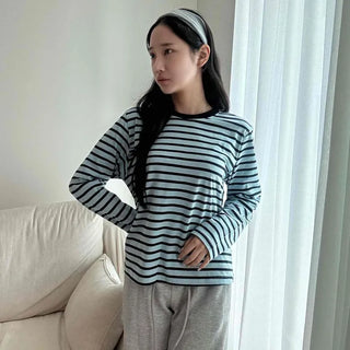 Soft Cotton Color Block Stripe Round Neck Loose Fit Long Sleeve T-shirt