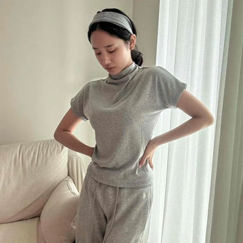 Mock Neck Cap Sleeve Slim Fit Spandex Short Sleeve Tee