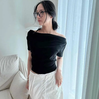 U-Neck Shirred Drape Asymmetrical Slim Fit Crop Knit Short Sleeve Tee