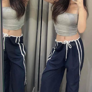 Low-rise Nylon Crinkle Contrast Sideline Pocket Wide Track Sweatpants
