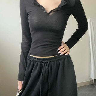 Henley Neck Button Slim Fit Crop Inner Long Sleeve T-shirt