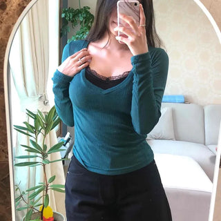 Deep V-Neck Ribbed See-Through Layered Long Sleeve T-Shirt