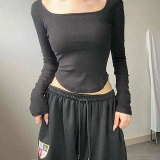 Square Neck Slim Fit Spandex Knit Crop Long Sleeve T-shirt