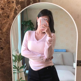 V-Neck Ribbed See-through Slim Fit Long Sleeve T-shirt
