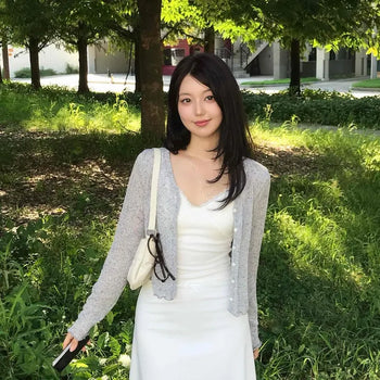 V-Neck See-Through Punched Button Knit Sleeveless Layered Cardigan