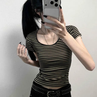 Stretchy Striped Cap Sleeve U-Neck Slim Crop Short Sleeve Tee