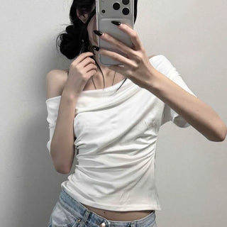 Modal Halter Neck Off-Shoulder Shirred Layered One-piece Crop Short Sleeve Tee