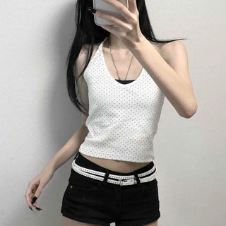 Halterneck Ribbon Striped Slim Fit Semi-Crop Sleeveless Top