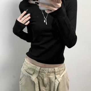 Square Neck Slim Fit Cotton Modal Crop Long Sleeve T-shirt