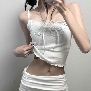 Ribbed Ribbon Shirred Square Neck Semi-Crop Sleeveless