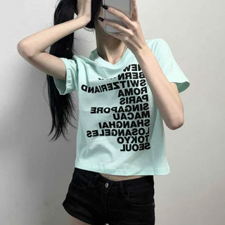 English Lettering Round Neck Cotton Crop Short Sleeve Tee