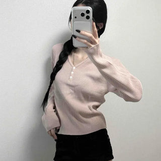 Miz V-Neck Button Slim Ribbed Knit