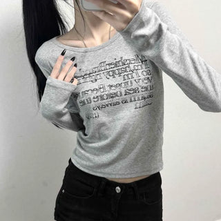 Off-shoulder Lettering Crop Slim Fit Long Sleeve T-shirt