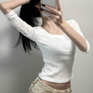 Square Neck Pintuck Cut-out 3/4 Length Crop Short Sleeve Tee