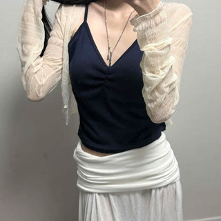 Nylon Wrinkle See-through Buttonless V-Neck Slim Fit Crop Cardigan