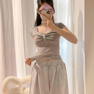 V-neck Shirred Cinched Waist Delicate Fit Crop Short Sleeve T-shirt