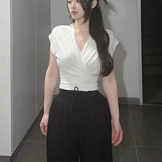 Modal Shirred Wrap V-Neck Cap Sleeveless
