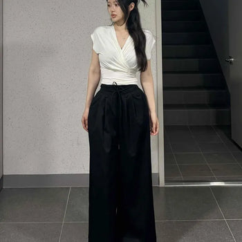 High-Waisted Thick Wide Slacks with Elastic Waist
