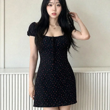 Flower Square Neck Shirred Frill Ribbon Mini Dress