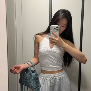Halter Neck Twist Tie V-Neck Shirred Layered Slim Fit Semi-Crop Sleeveless