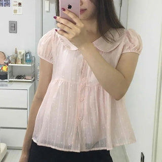Dot See-through Puff Sleeve Collar Button Loose Fit Blouse