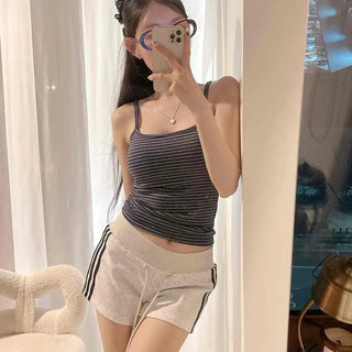 Square Neck Striped Slim Layered Sleeveless Top with Built-in Cap