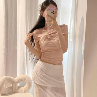 Boat Neck Cap Sleeve Cutout Slim Fit Crop Short Sleeve Tee