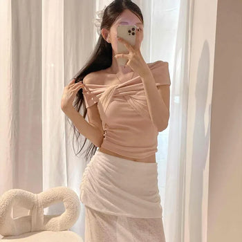 Boat Neck Cap Sleeve Cutout Slim Fit Crop Short Sleeve Tee