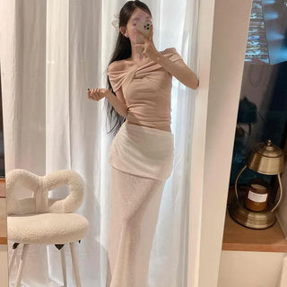 Knit See-through Draped Shirred Elastic High-Waisted Hip-Covering Long Skirt