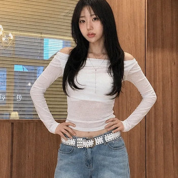 Drape Shirred Pleated Boat Neck Off-Shoulder Long Sleeve T-shirt