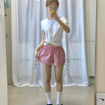 Check Cotton Elastic Waist Low-Rise Wide Shorts