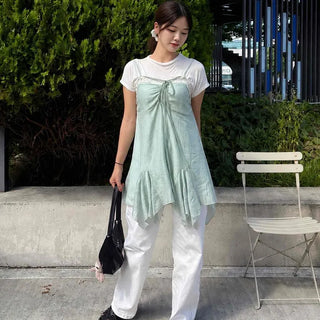 Sleeveless Lace Frill Bead Antique Wood Chiffon Asymmetrical Mini Dress