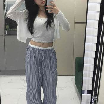 Seersucker Pinstripe Contrast Elastic Waist Low-Rise Wide Long Pants