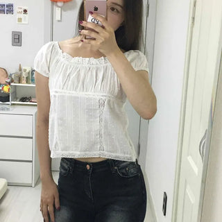 Square Neck Puff Shirred Ribbon Frill Lace Crop Blouse
