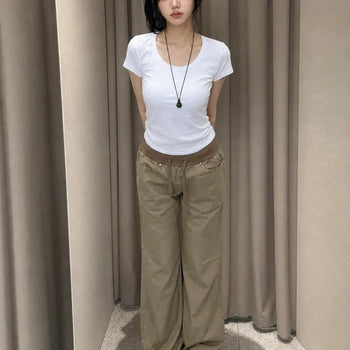 String Flap Pocket Wide Loose Fit Casual Long Pants
