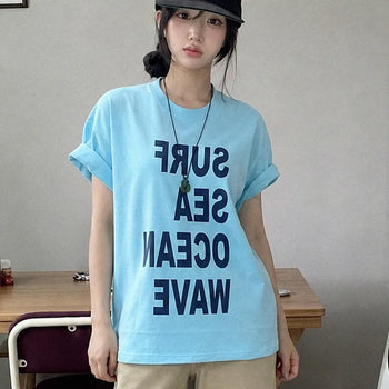 Unisex Loose Fit Round Neck Lettering Logo Cotton Short Sleeve T-shirt