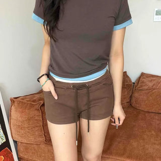 Color-blocked Cotton Elastic Waist Low-rise Pocket Slim Shorts
