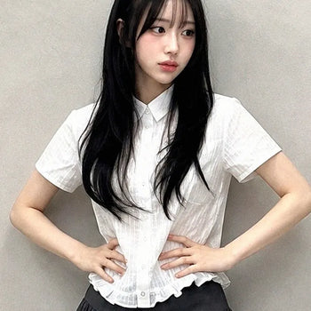 Frill Button-Down Collar Short Sleeve Blouse