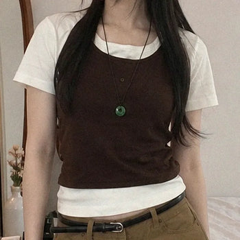 Halter Neck Side Shirring Contrast Layered Button Short Sleeve T-shirt
