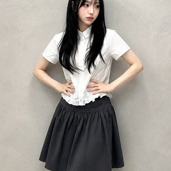 Shirred Button Flare A-Line Midi Skirt