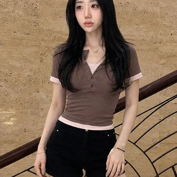 Stretchy Contrast Button Layered Round Neck Crop Short Sleeve T-shirt