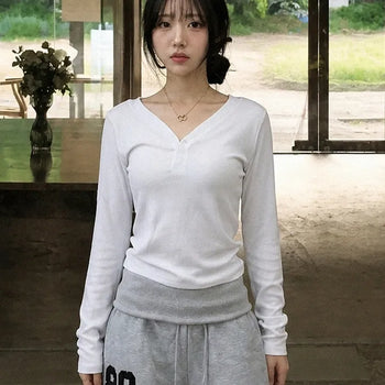 Soft Three-Button Daily Loose Fit Long Sleeve T-Shirt