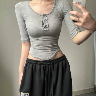 Slim Fit Round Neck Button Rolled Hem See-through Short Sleeve T-shirt