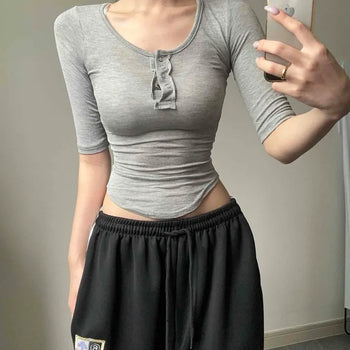 Slim Fit Round Neck Button Rolled Hem See-through Short Sleeve T-shirt