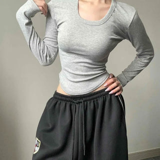 Deep U-Neck Stretchy Spandex Cinched Fit Long-Sleeve Inner T-Shirt