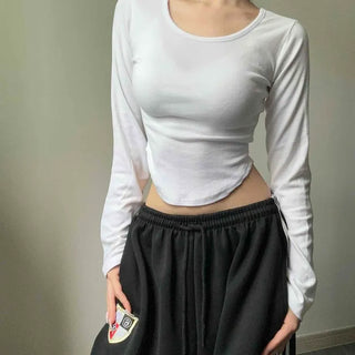 Round Neck Cinched Waist Slit Slim Fit Cropped Long Sleeve Knit T-shirt