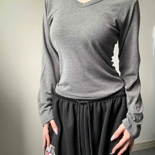 Deep V-Neck Ribbed Knit Slim Fit Long Sleeve T-Shirt